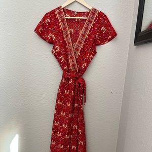 Boho floral red Wrap Dress